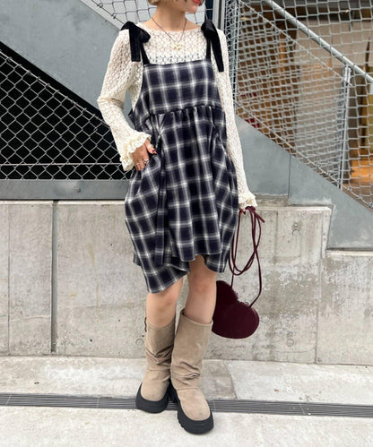 肩帶蝴蝶結格紋吊帶連衣裙