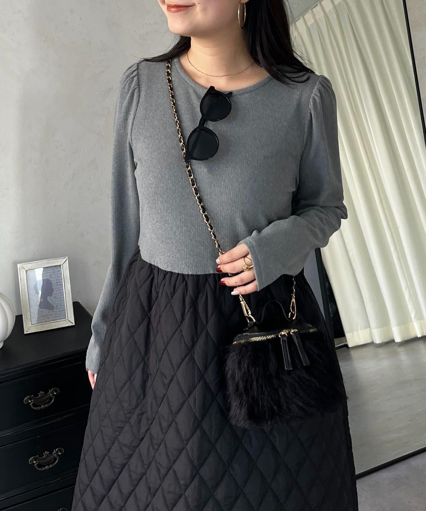 拼接絎縫喇叭連衣裙