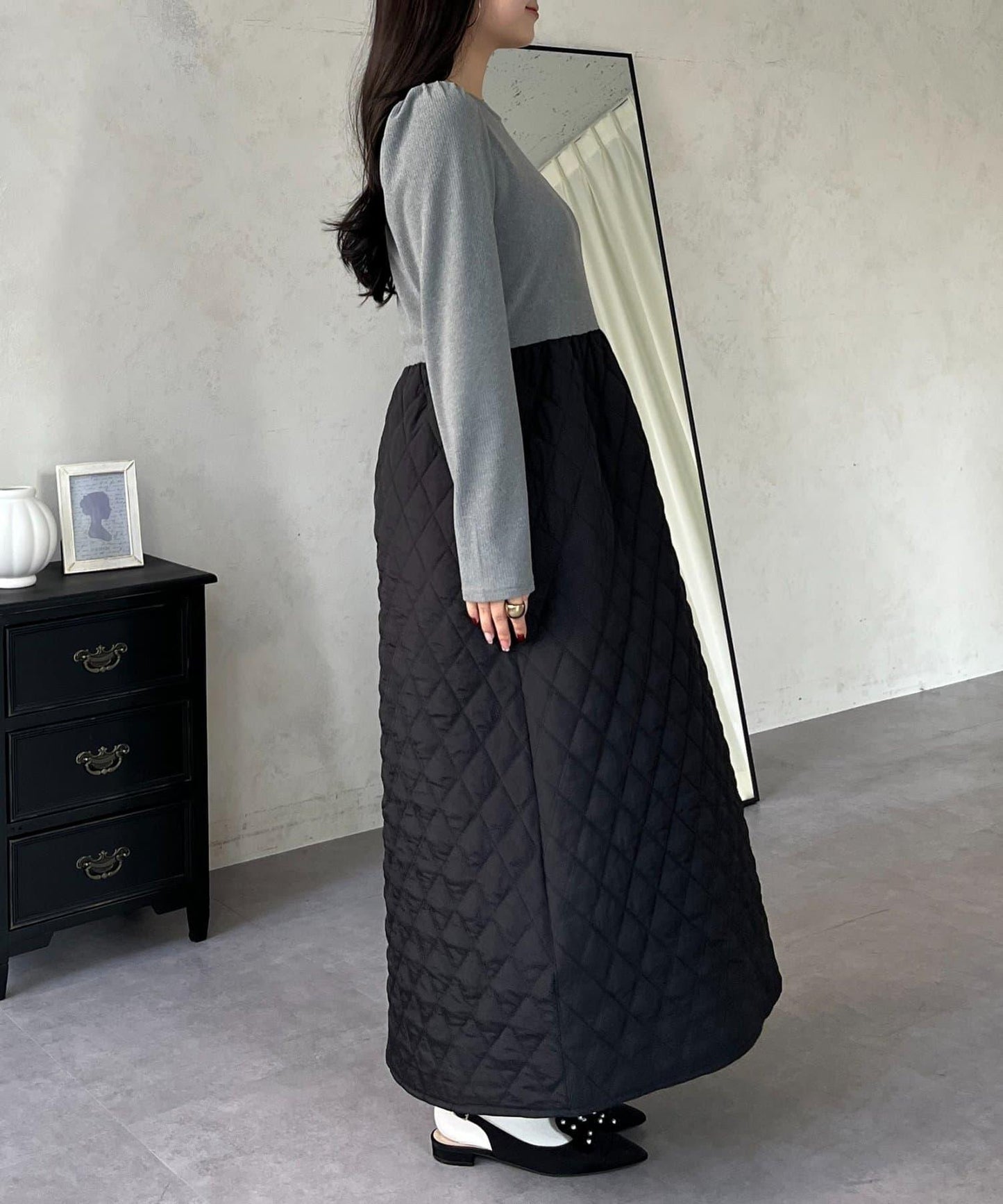 拼接絎縫喇叭連衣裙