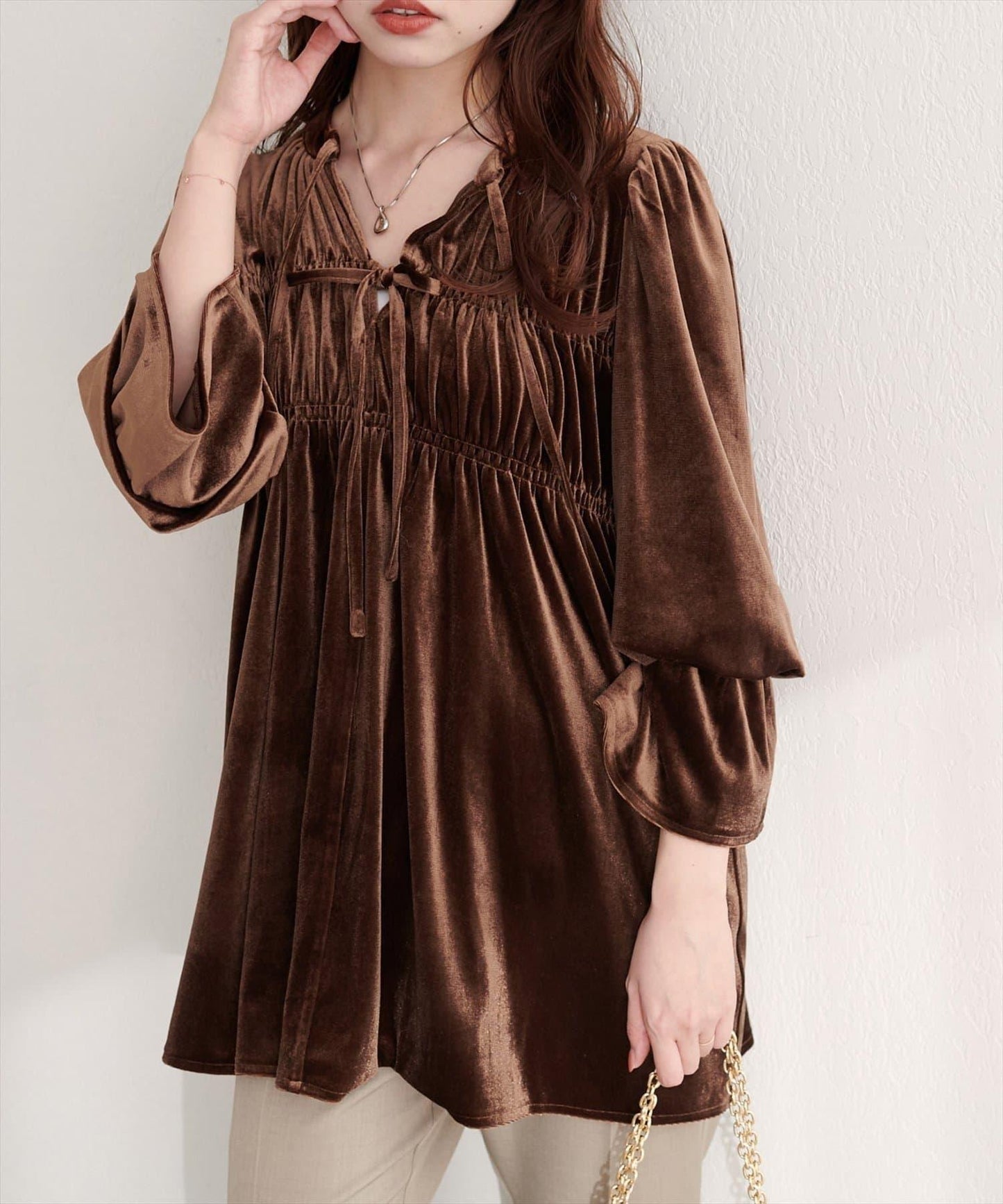 【natural couture】【canami】2WAY蝴蝶結天鵝絨襯衫