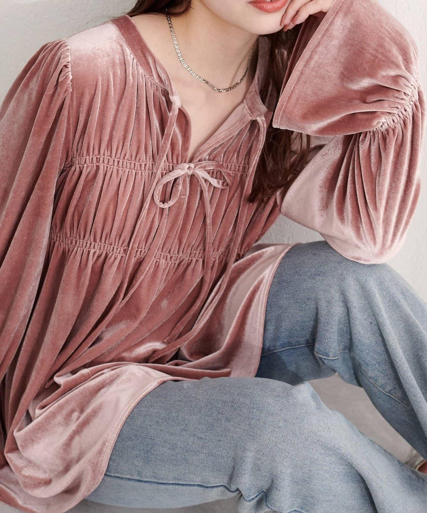 【natural couture】【canami】2WAY蝴蝶結天鵝絨襯衫