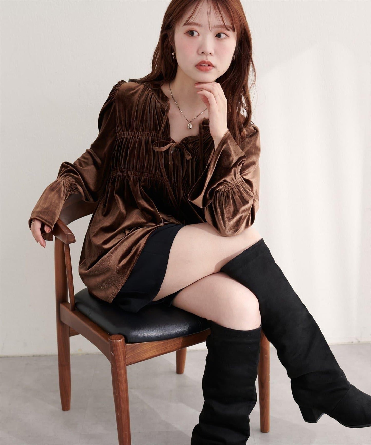 【natural couture】【canami】2WAY蝴蝶結天鵝絨襯衫