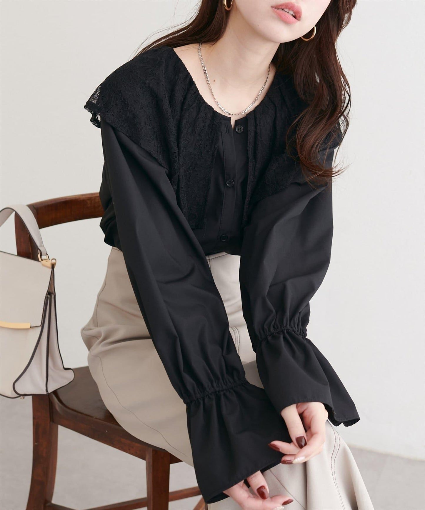 【natural couture】蕾絲斗篷領襯衫