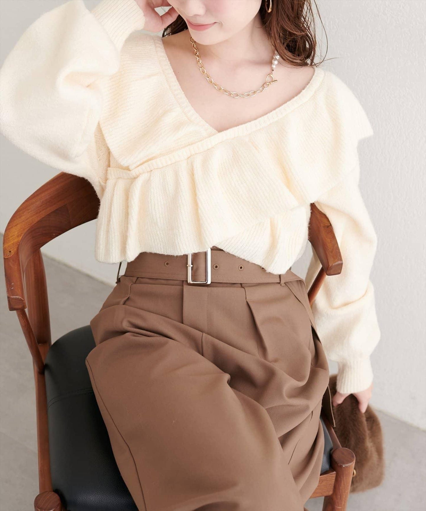 【natural couture】交叉荷葉邊針織衫