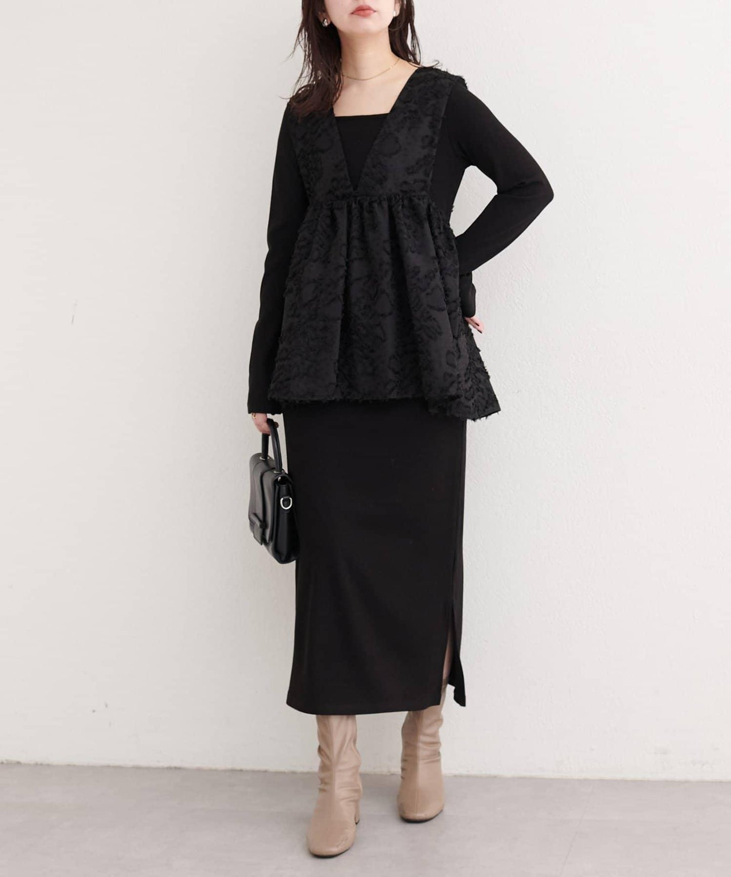 花卉提花背心×亮片連衣裙套裝