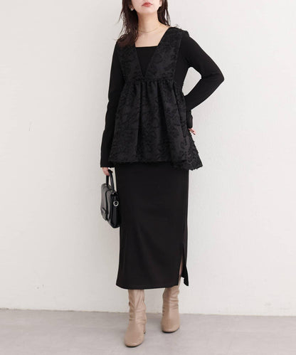 花卉提花背心×亮片連衣裙套裝