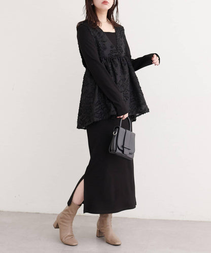 花卉提花背心×亮片連衣裙套裝