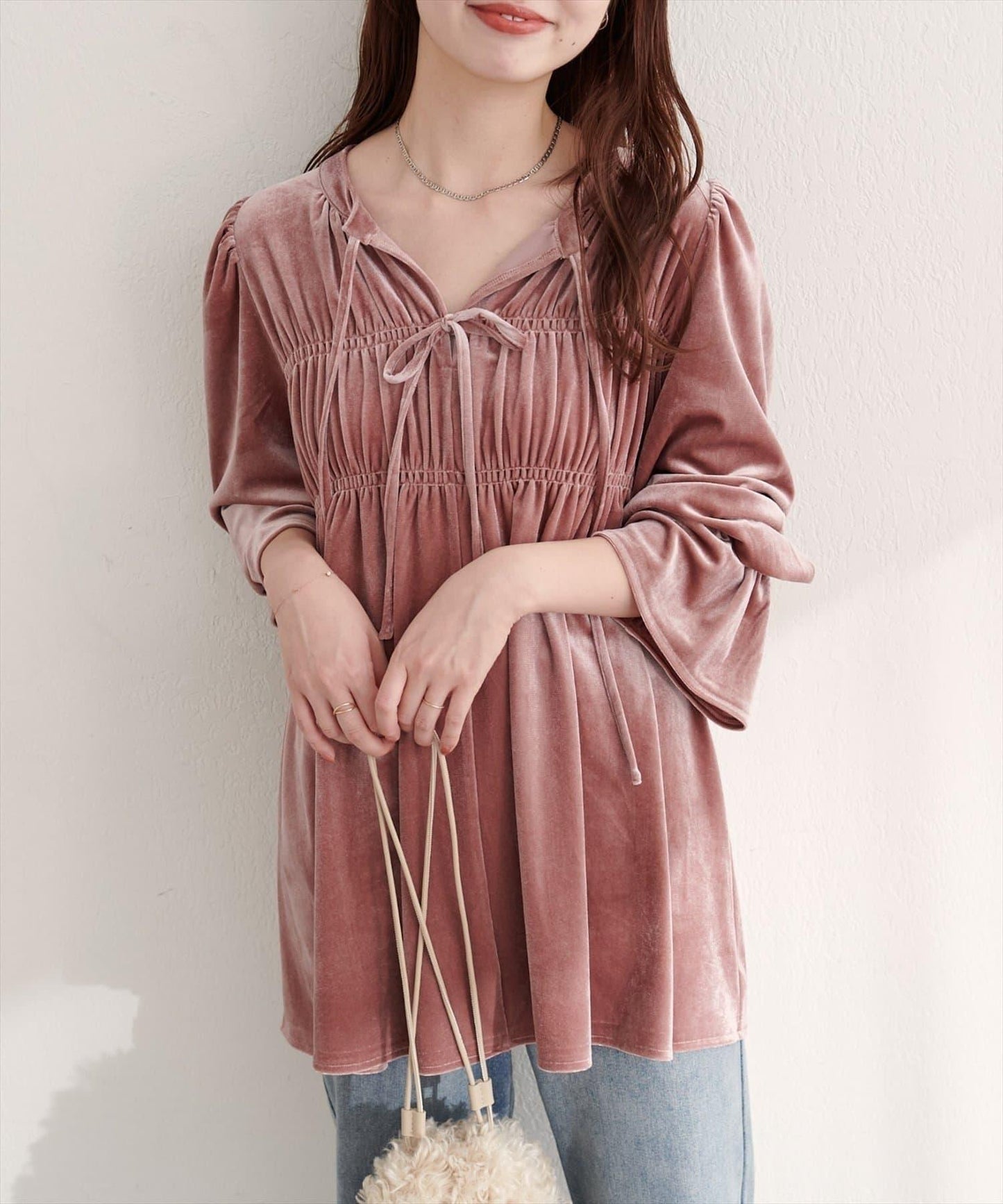 【natural couture】【canami】2WAY蝴蝶結天鵝絨襯衫