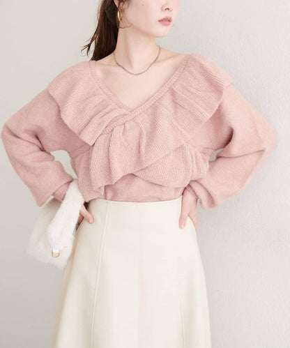 【natural couture】交叉荷葉邊針織衫