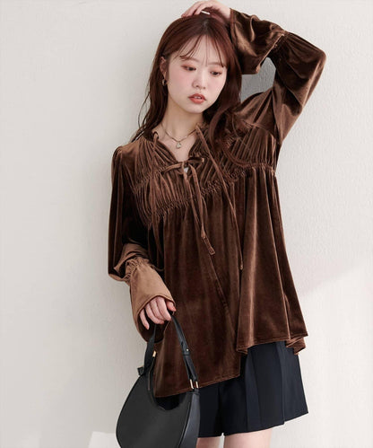 【natural couture】【canami】2WAY蝴蝶結天鵝絨襯衫