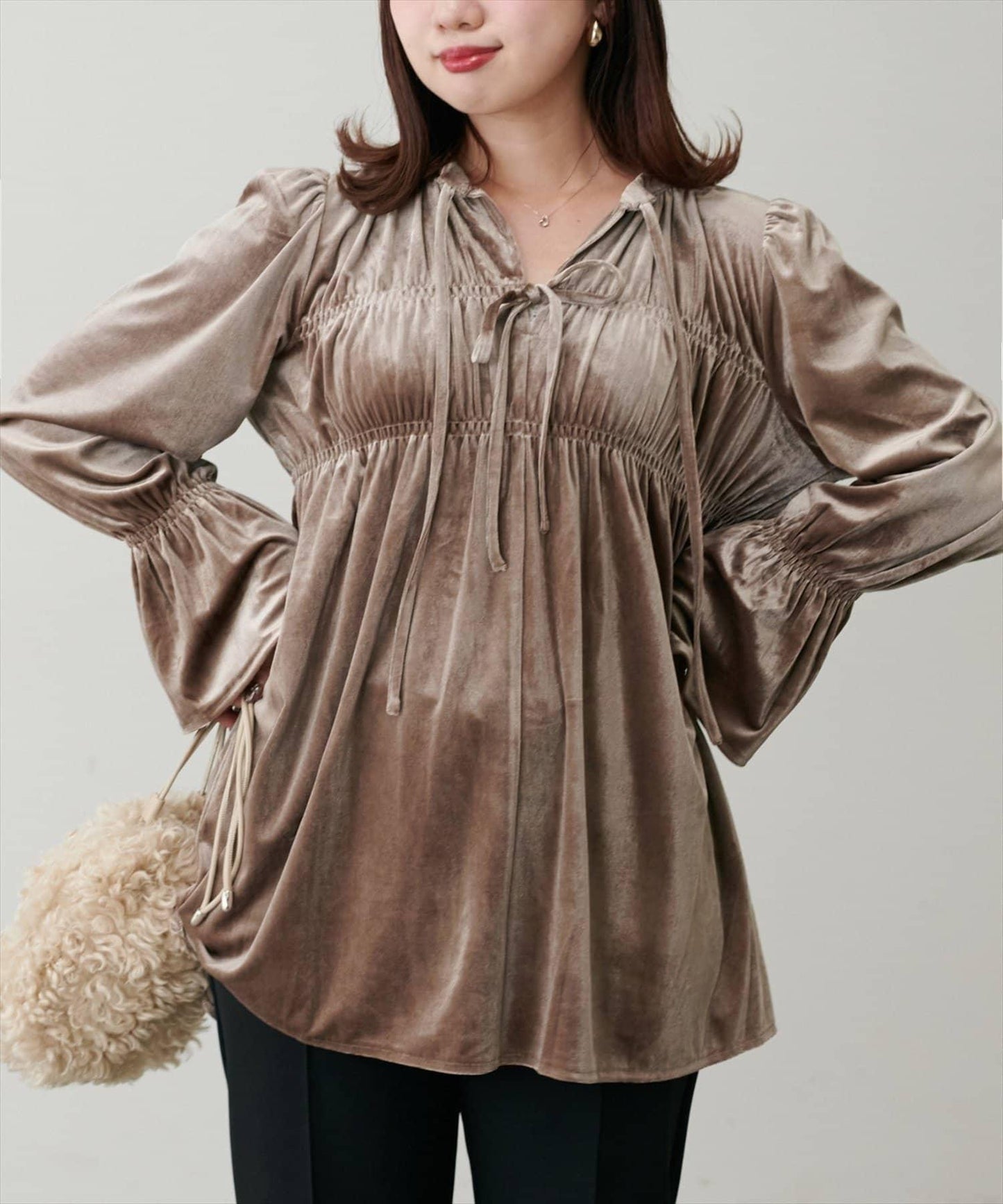 【natural couture】【canami】2WAY蝴蝶結天鵝絨襯衫