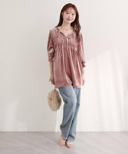 【natural couture】【canami】2WAY蝴蝶結天鵝絨襯衫