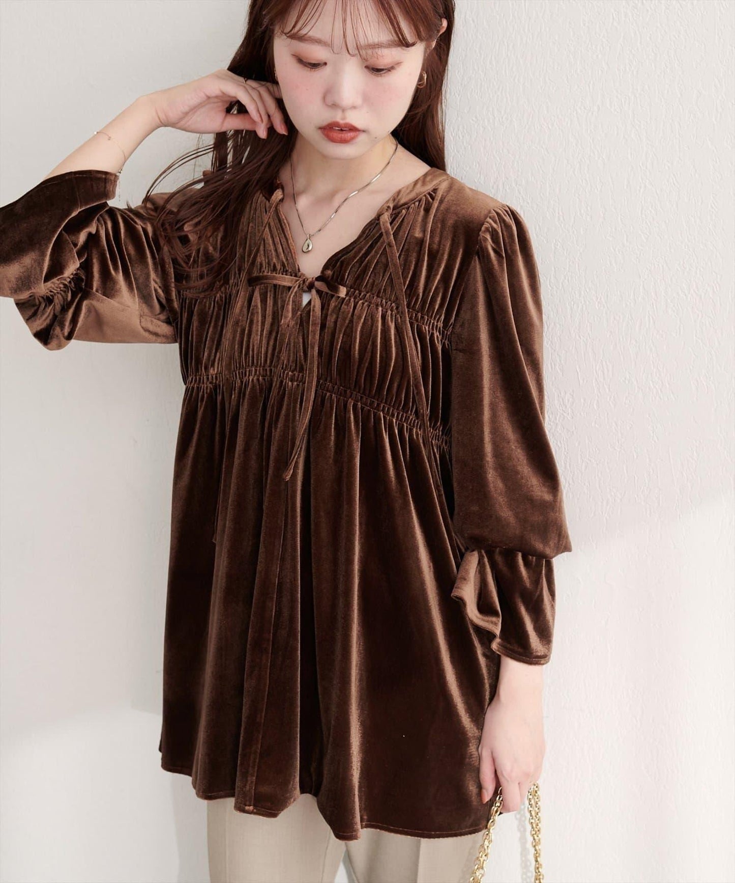 【natural couture】【canami】2WAY蝴蝶結天鵝絨襯衫