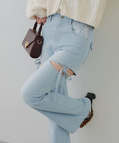 蝴蝶結側開叉喇叭褲