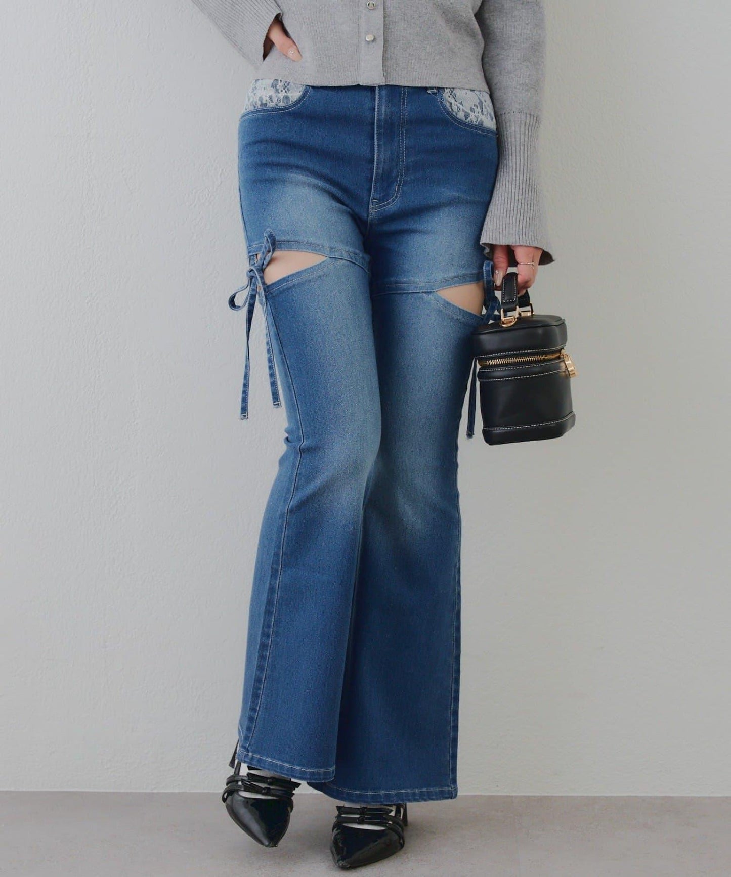 蝴蝶結側開叉喇叭褲