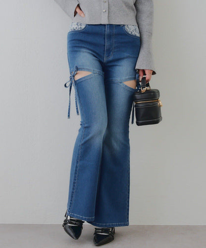 蝴蝶結側開叉喇叭褲