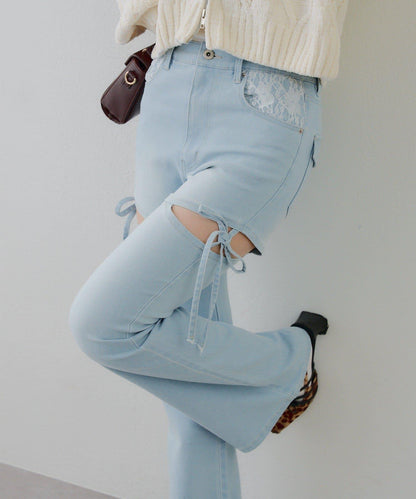 蝴蝶結側開叉喇叭褲