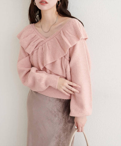 【natural couture】交叉荷葉邊針織衫