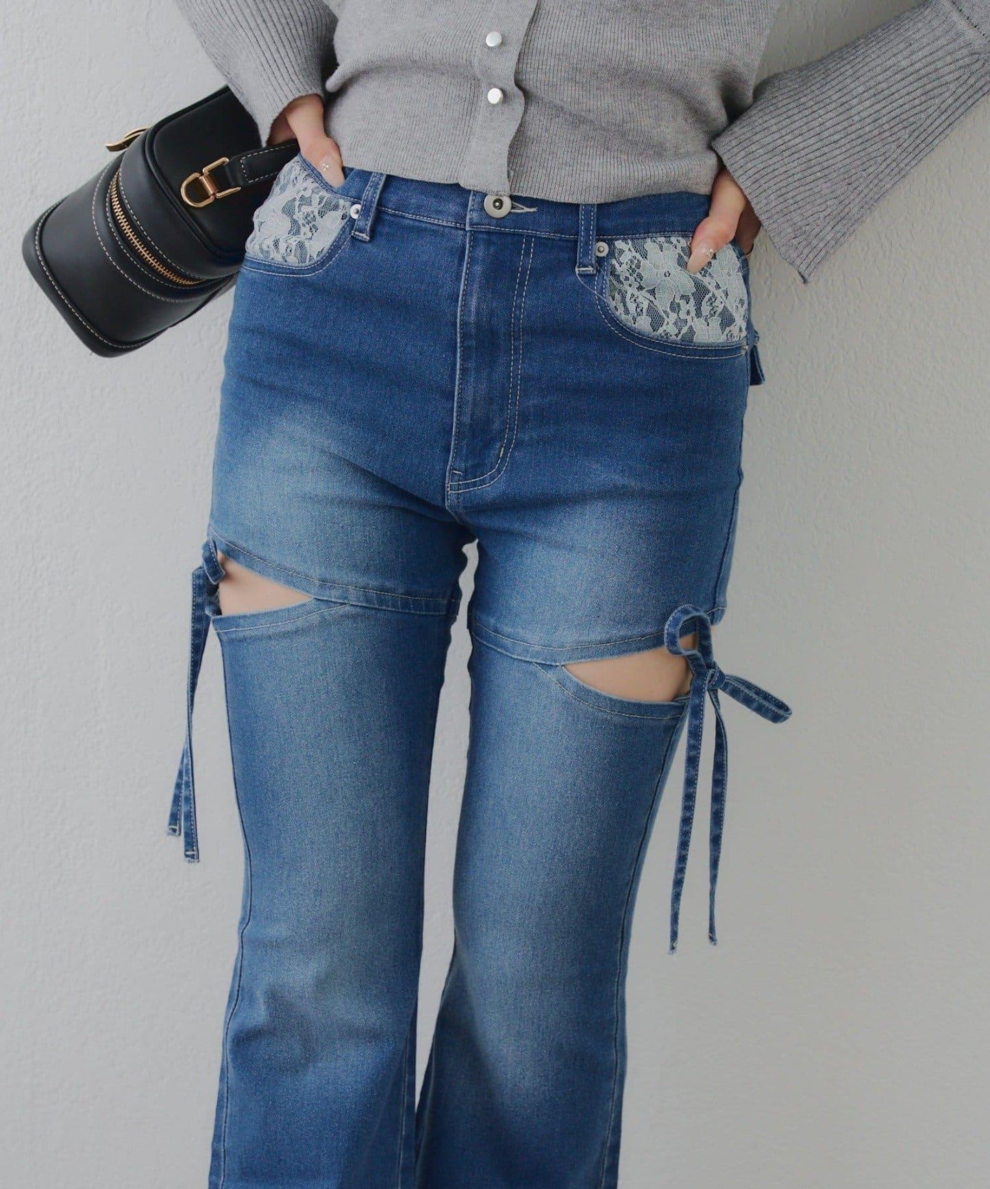 蝴蝶結側開叉喇叭褲