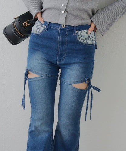 蝴蝶結側開叉喇叭褲