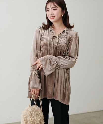 【natural couture】【canami】2WAY蝴蝶結天鵝絨襯衫