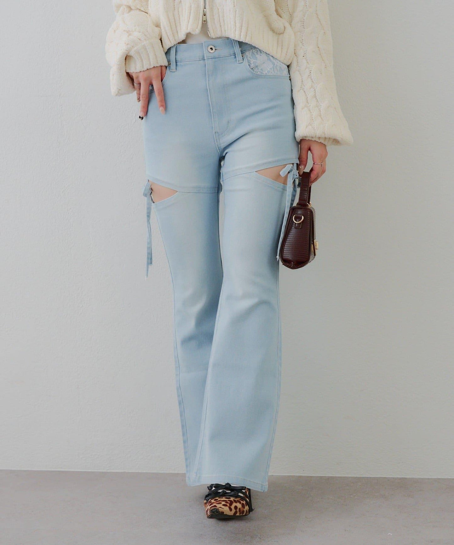 蝴蝶結側開叉喇叭褲