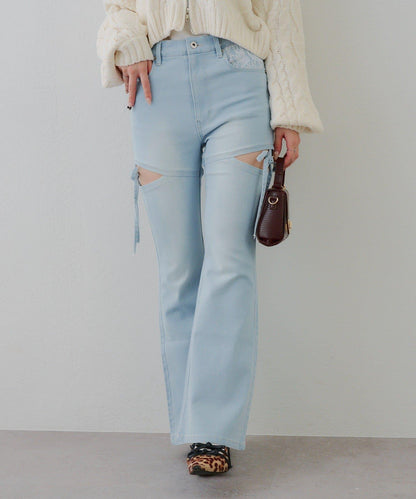 蝴蝶結側開叉喇叭褲