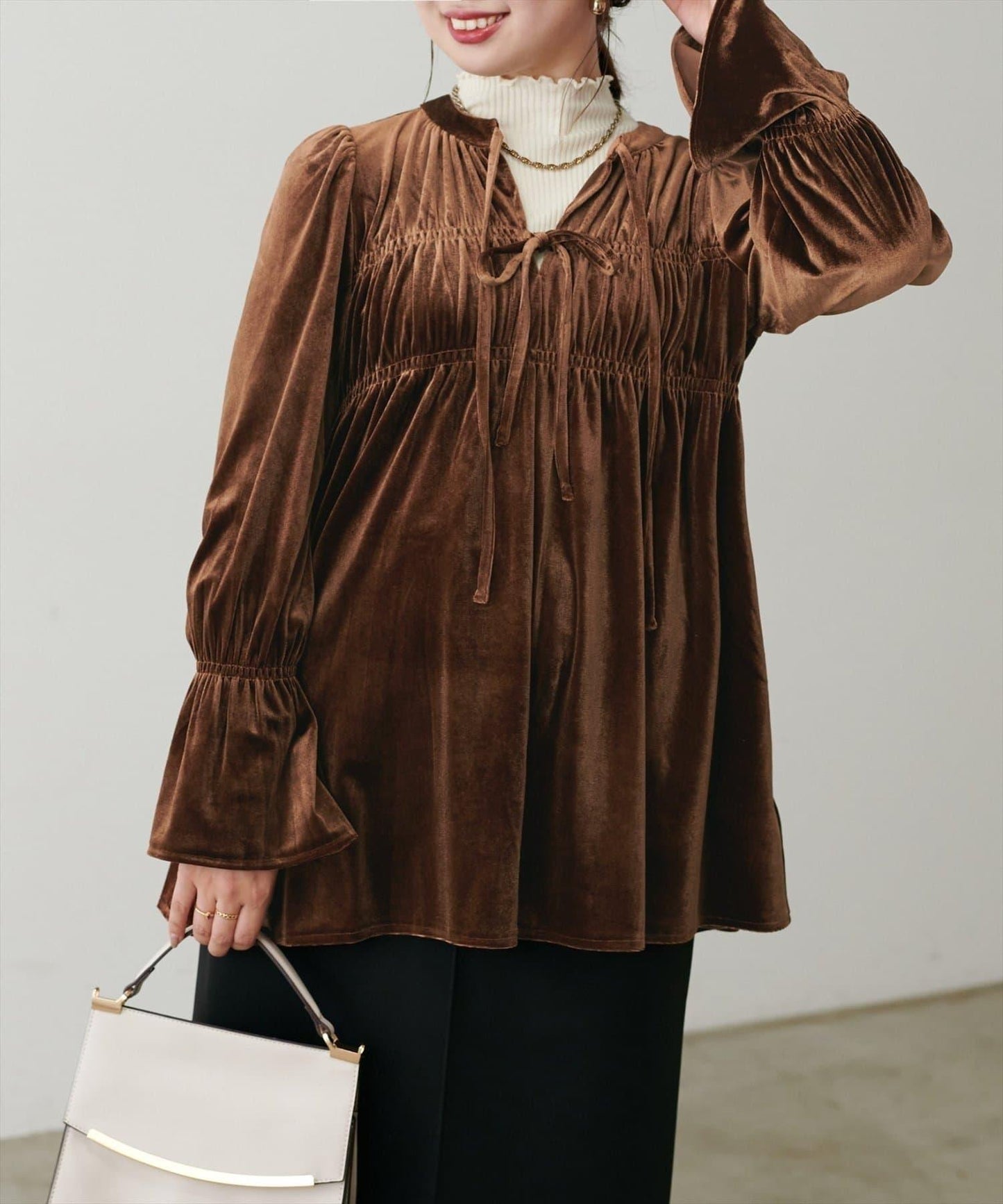 【natural couture】【canami】2WAY蝴蝶結天鵝絨襯衫