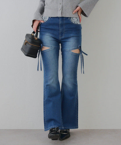 蝴蝶結側開叉喇叭褲