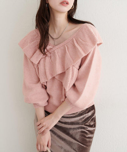 【natural couture】交叉荷葉邊針織衫