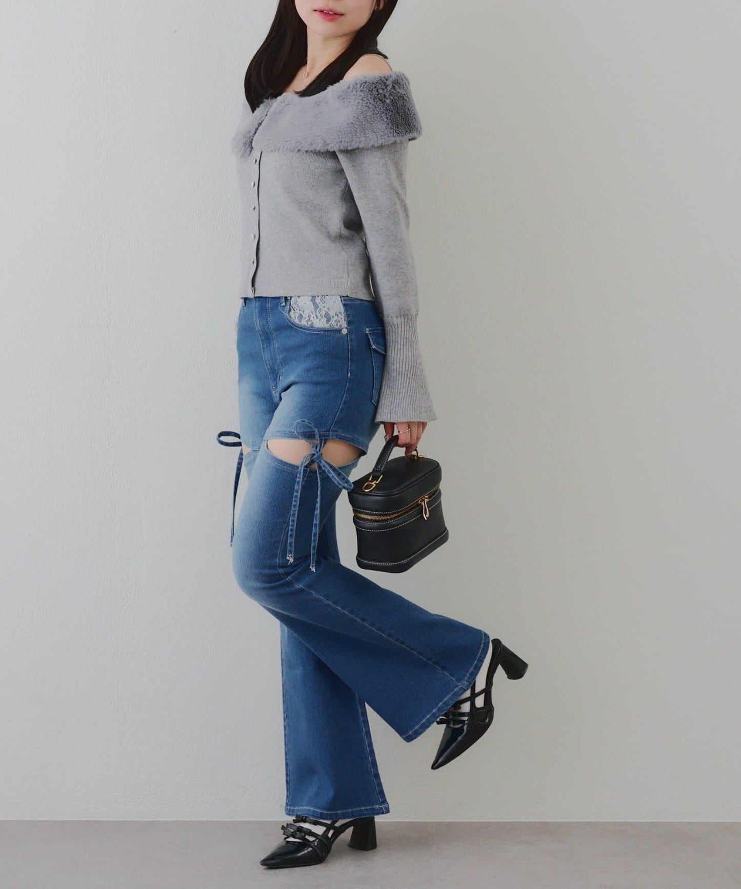 蝴蝶結側開叉喇叭褲