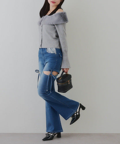 蝴蝶結側開叉喇叭褲