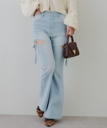 蝴蝶結側開叉喇叭褲