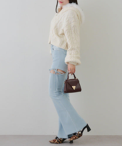 蝴蝶結側開叉喇叭褲