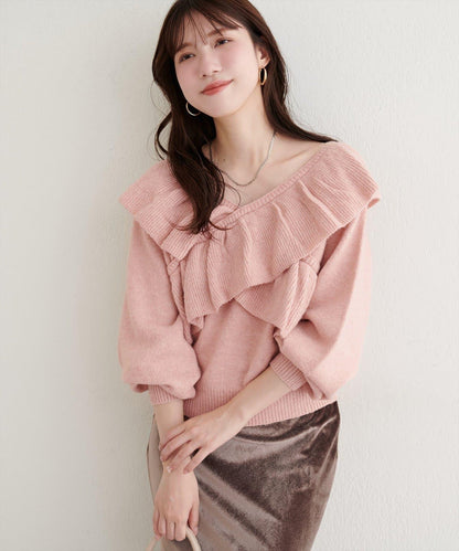 【natural couture】交叉荷葉邊針織衫