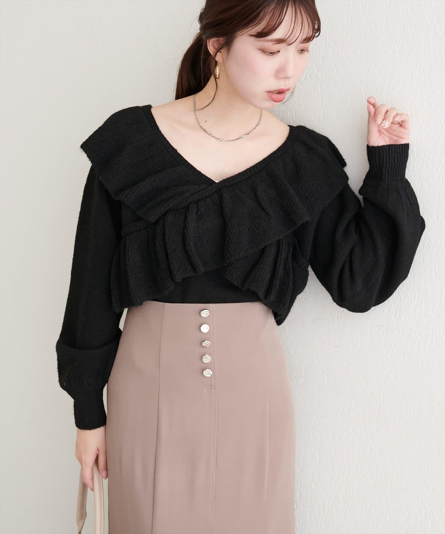 【natural couture】交叉荷葉邊針織衫