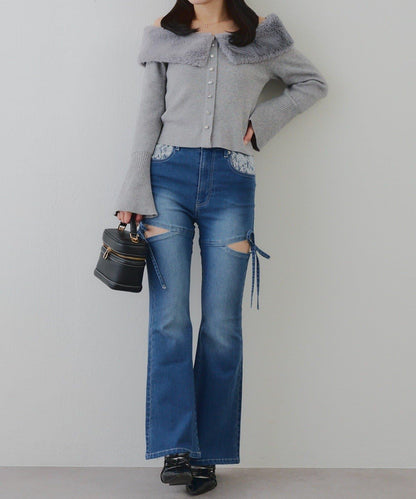 蝴蝶結側開叉喇叭褲