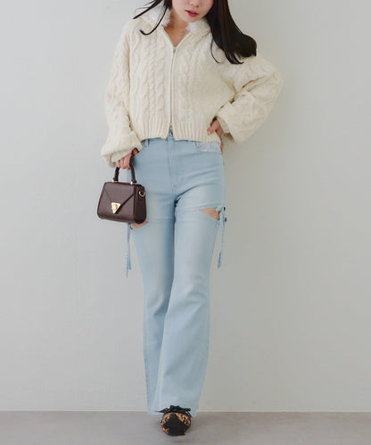 蝴蝶結側開叉喇叭褲