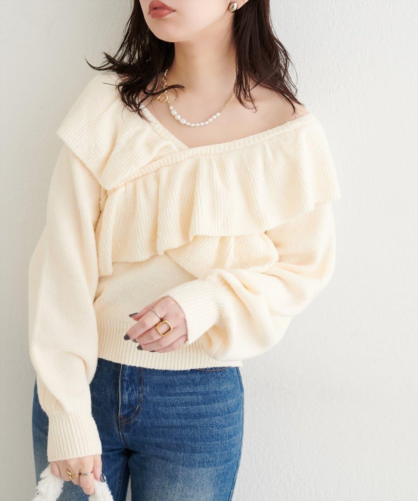 【natural couture】交叉荷葉邊針織衫