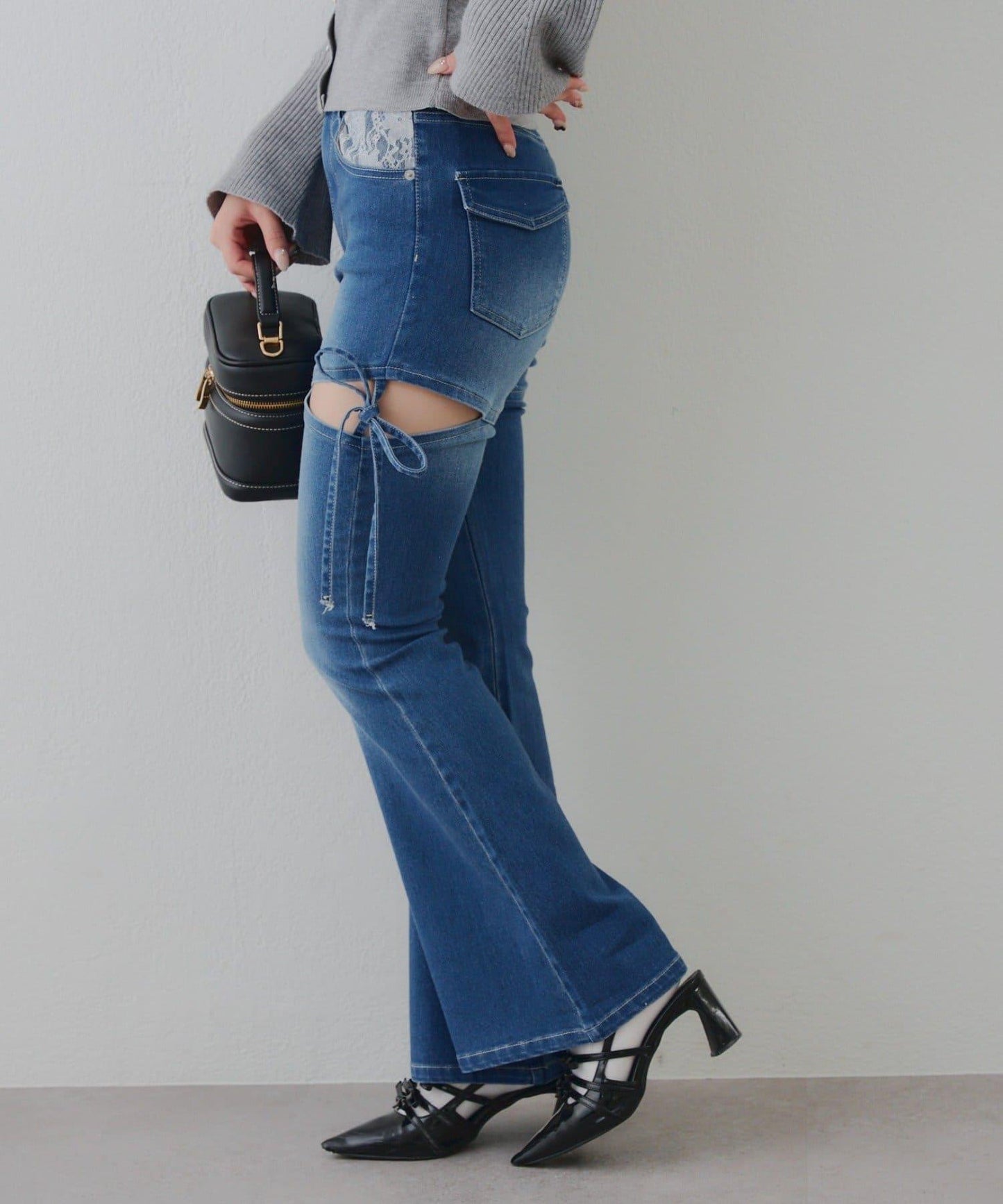 蝴蝶結側開叉喇叭褲