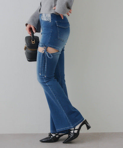 蝴蝶結側開叉喇叭褲