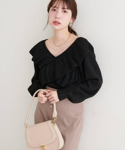 【natural couture】交叉荷葉邊針織衫