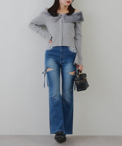 蝴蝶結側開叉喇叭褲