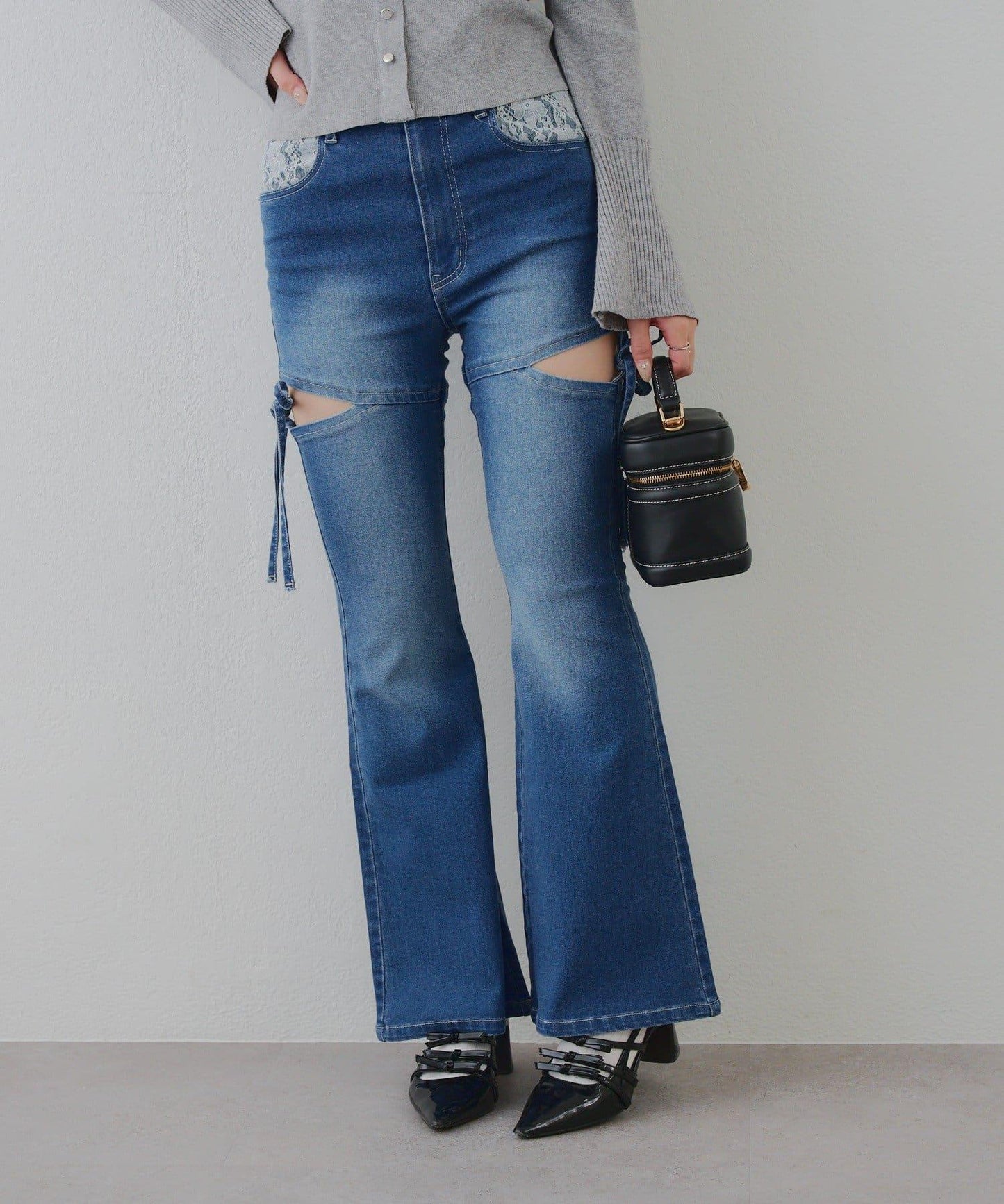 蝴蝶結側開叉喇叭褲