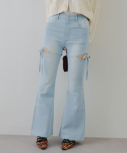 蝴蝶結側開叉喇叭褲