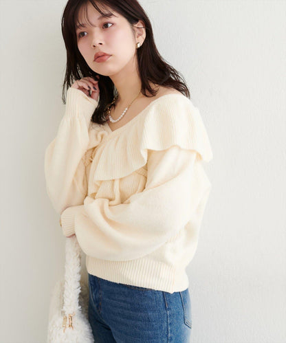 【natural couture】交叉荷葉邊針織衫