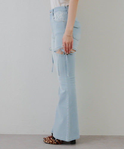 蝴蝶結側開叉喇叭褲