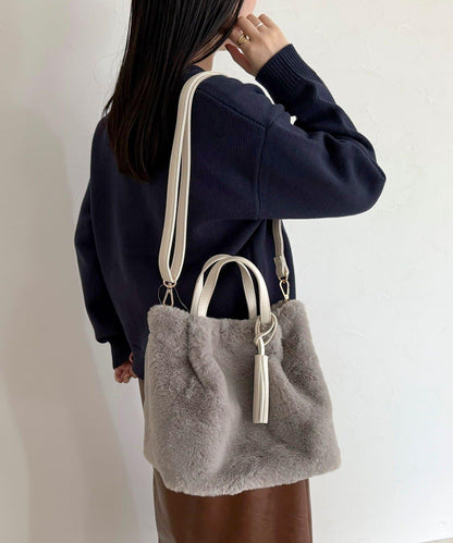 帶流蘇環保仿皮草兩用托特包