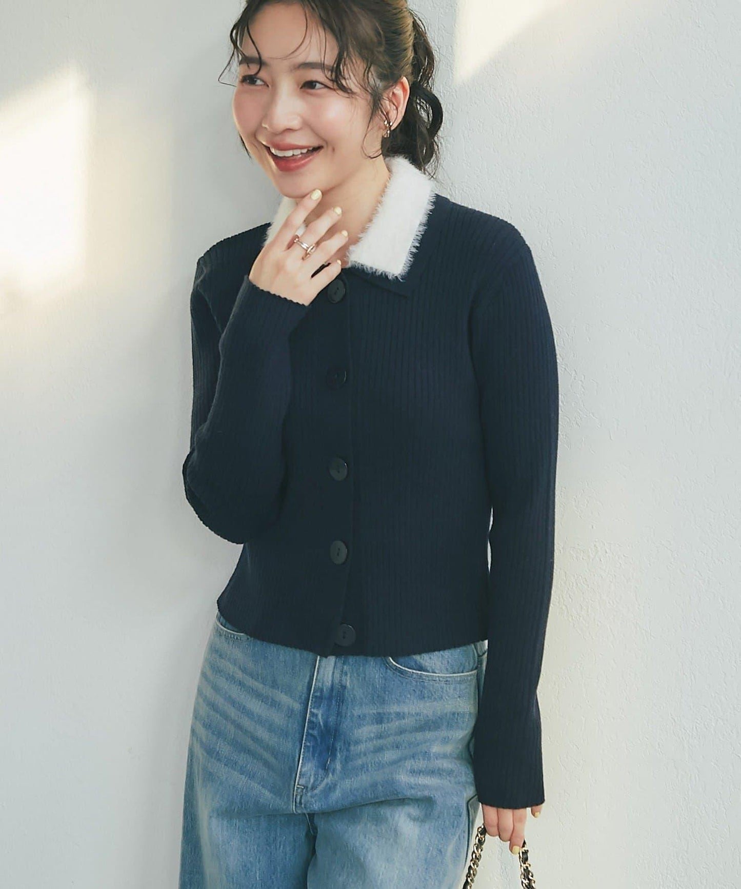 毛絨翻領羅紋針織開衫