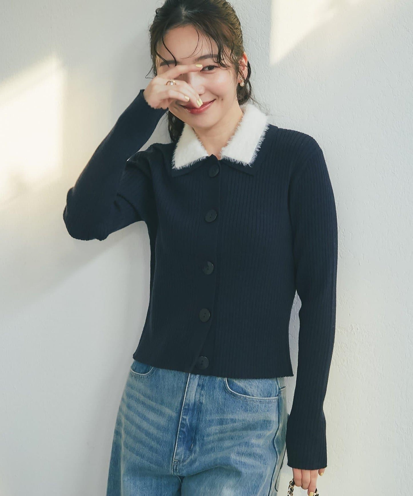 毛絨翻領羅紋針織開衫